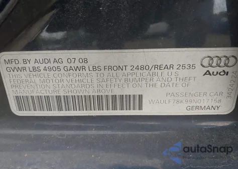 2009 Audi A4 2.0T Premium from USA, damaged, VIN WAULF78K99N017158